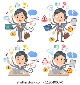 A set of men who perform multitasking in the office.There are things to do smoothly and a pattern that is in a panic.It's vector art so it's easy to edit.