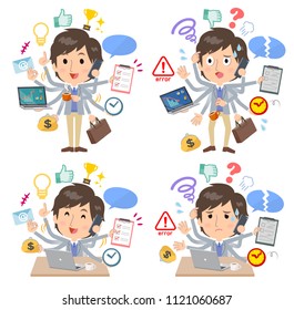 A set of men who perform multitasking in the office.There are things to do smoothly and a pattern that is in a panic.It's vector art so it's easy to edit.