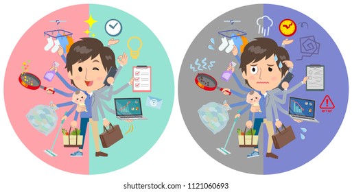 A set of men who perform multitasking in offices and private.There are things to do smoothly and a pattern that is in a panic.It's vector art so it's easy to edit.