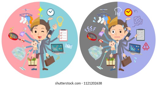 A set of men who perform multitasking in offices and private.There are things to do smoothly and a pattern that is in a panic.It's vector art so it's easy to edit.