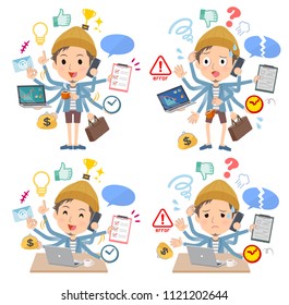 A set of men who perform multitasking in the office.There are things to do smoothly and a pattern that is in a panic.It's vector art so it's easy to edit.