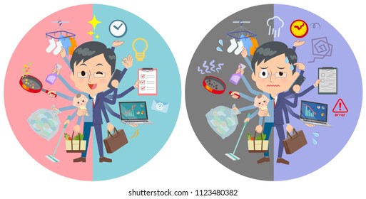 A set of men who perform multitasking in offices and private.There are things to do smoothly and a pattern that is in a panic.It's vector art so it's easy to edit.