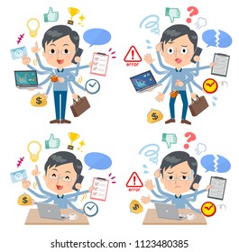A set of men who perform multitasking in the office.There are things to do smoothly and a pattern that is in a panic.It's vector art so it's easy to edit.