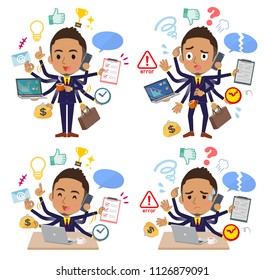 A set of men who perform multitasking in the office.There are things to do smoothly and a pattern that is in a panic.It's vector art so it's easy to edit.