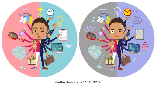 A set of men who perform multitasking in offices and private.There are things to do smoothly and a pattern that is in a panic.It's vector art so it's easy to edit.