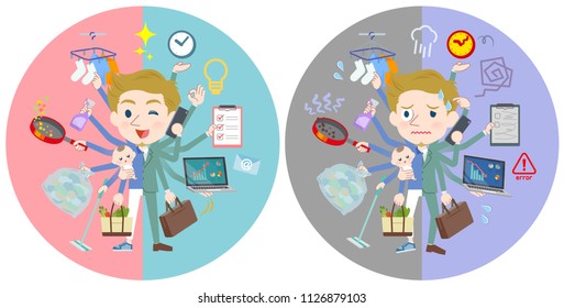 A set of men who perform multitasking in offices and private.There are things to do smoothly and a pattern that is in a panic.It's vector art so it's easy to edit.