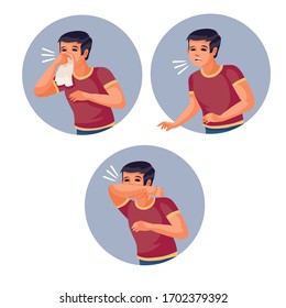 set of men who simply sneezes, sneezes into a handkerchief and sneezes into an elbow, vector illusion,