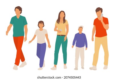  Set of men, woman, boy and girl, a group of walking people, dad, mom and children, different colors, cartoon character, vector silhouettes, design concept of flat icon, isolated on white 