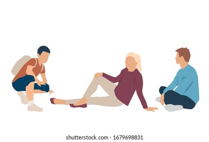 Set of men and woman, different colors, cartoon character, group of silhouettes sitting business people, flat icon design concept isolated on white background