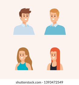 set of men and woman head with hairstyle and casual clothes