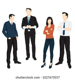 Set of men and woman standing, in various poses, cartoon character,  people, business, group, vector silhouette, flat designe icon, different colors, isolated on white background