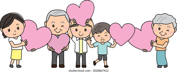 A set of men and women of all ages and families with big pink hearts