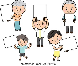 A set of men and women of all ages, family and friends with placards with angry faces