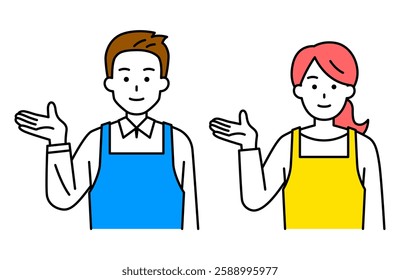 Set of men and women in aprons guiding with their right hands