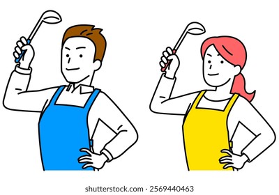 Set of men and women in aprons holding ladles