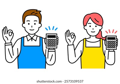 Set of men and women in aprons holding a calculator and making an OK sign