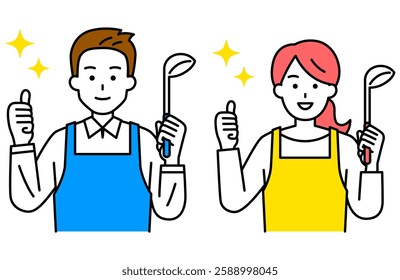 Set of men and women in aprons holding ladles and making good signs