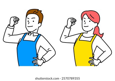 Set of men and women in aprons showing their biceps