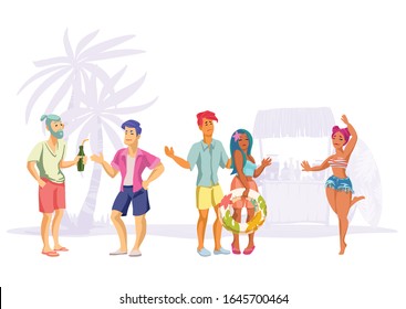 Set of men and women at a beach party. Collection happy characters on tropical beach in summer clothes with surfboards, tiki bar, lifebuoys and tropical decoration. Vacation vector flat  illustration