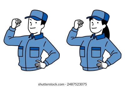 Set of men and women in blue work clothes showing off their muscles