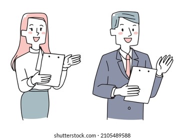 A set of men and women of businessmen who will guide you here. Warm hand-drawn person illustrations Vector on a white background
