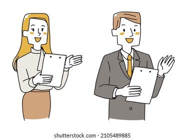 A set of men and women of businessmen who will guide you here. Warm hand-drawn person illustrations Vector on a white background
