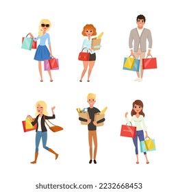 Set of men and women carrying shopping bags and pushing shopping carts with purchases cartoon vector illustration