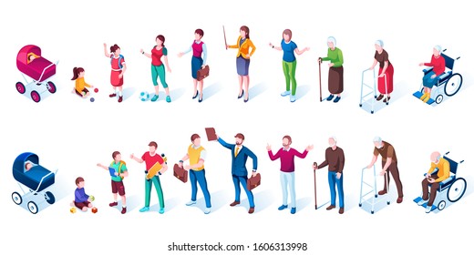 Set of men and women cartoon characters at different aging stages. Human generation growth or evolution. Infant baby and child, young kid and teenager, mature adult and grandfather, grandmother. Age