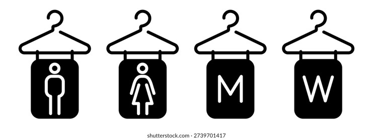 Conjunto de iconos de vestuario de hombres y mujeres con Elementos de contorno de percha. Símbolos negros de Vector que representan armarios, guardarropa y vestuarios.