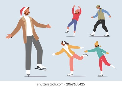 Set of Men and Women Characters Figure Skating on Ice Rink. Happy People Outdoor Leisure and Activities. Christmas Holidays Spare Time, Winter Sport, Hobby. Cartoon Vector Illustration