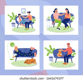 Set of men and women characters resting at home - communicating, coworking and talking friendly on sofa or couch. People after working or weekend leisure and rest. Flat vector illustration isolated.
