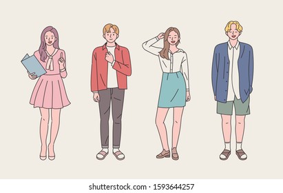 Set of men and women characters in various fashion styles. flat design style minimal vector illustration.