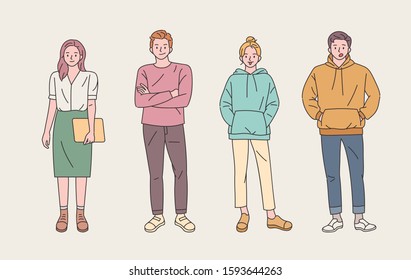 Set of men and women characters in various fashion styles. flat design style minimal vector illustration.