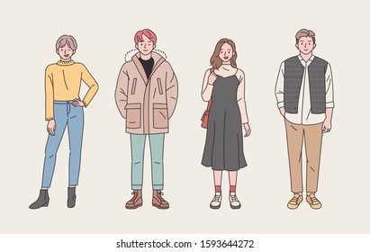 Set of men and women characters in various fashion styles. flat design style minimal vector illustration.