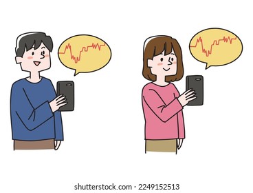  A set of men and women checking stock prices on smartphones