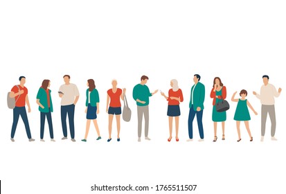 Set of men, women and children, different colors, cartoon character, group of silhouettes standing and walking  people with smart phone and backpack, flat icon design concept isolated on white 