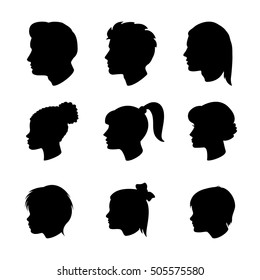 Set of men, women and children profile silhouettes