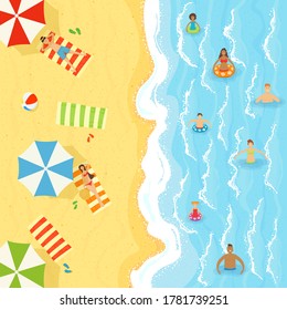Set of men and women with children swim in water and sunbathing on the sand. Sea or ocean beach and waves on the water. Illustration with people in cartoon style can be used for summer poster, banner.
