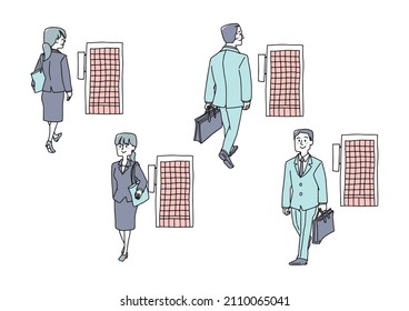 A set of men and women commuting to work, a warm handwritten illustration of a person, a vector on a white background