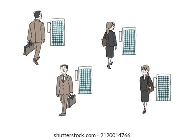 Un conjunto de hombres y mujeres yendo al trabajo, una cálida ilustración manuscrita de una persona, un vector sobre un fondo blanco