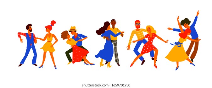 Set of men and women dancing salsa, samba, rumba, latin dance. Male and female dance at school. Characters having fun at party. Flat colorful vector illustration.