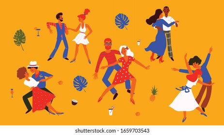 Set Of Men And Women Dancing Salsa, Samba, Rumba, Latin Dance. Male And Female Dance At School. Characters Having Fun At Party. Flat Colorful Vector Illustration For Instagram Story.