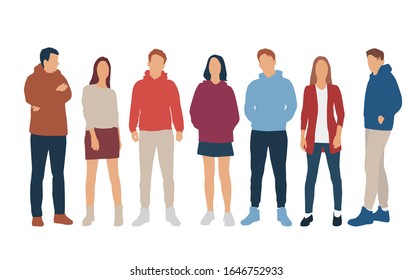 Set of men and women, different colors, cartoon character, group of silhouettes standing business people, flat icon design concept isolated on white background