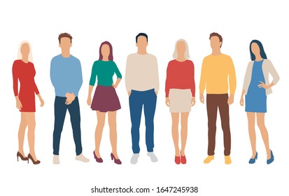 Set of men and women, different colors, cartoon character, group of silhouettes standing business people, flat icon design concept isolated on white background