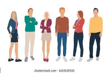 Set of men and women, different colors, cartoon character, group of silhouettes standing business people, flat icon design concept isolated on white background