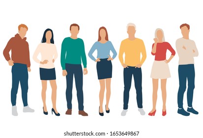 Set of men and women, different colors, cartoon character, group of silhouettes standing business people, flat icon design concept isolated on white background