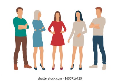 Set of men and women, different colors, cartoon character, group of silhouettes standing business people, flat icon design concept isolated on white background