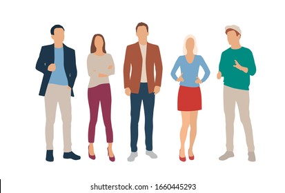 Set of men and women, different colors, cartoon character, group of silhouettes standing business people, flat icon design concept isolated on white background