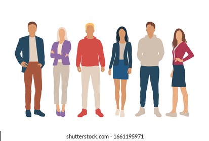 Set of men and women, different colors, cartoon character, group of silhouettes standing business people, flat icon design concept isolated on white background