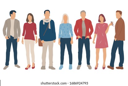 Set of men and women, different colors, cartoon character, group of silhouettes standing business people, flat icon design concept isolated on white background